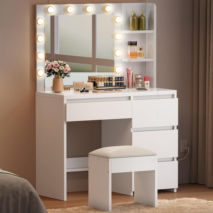 White Modern Vanity Dressing Table w/ 12 LED Lights Mirror Stool 4 Drawer Storag