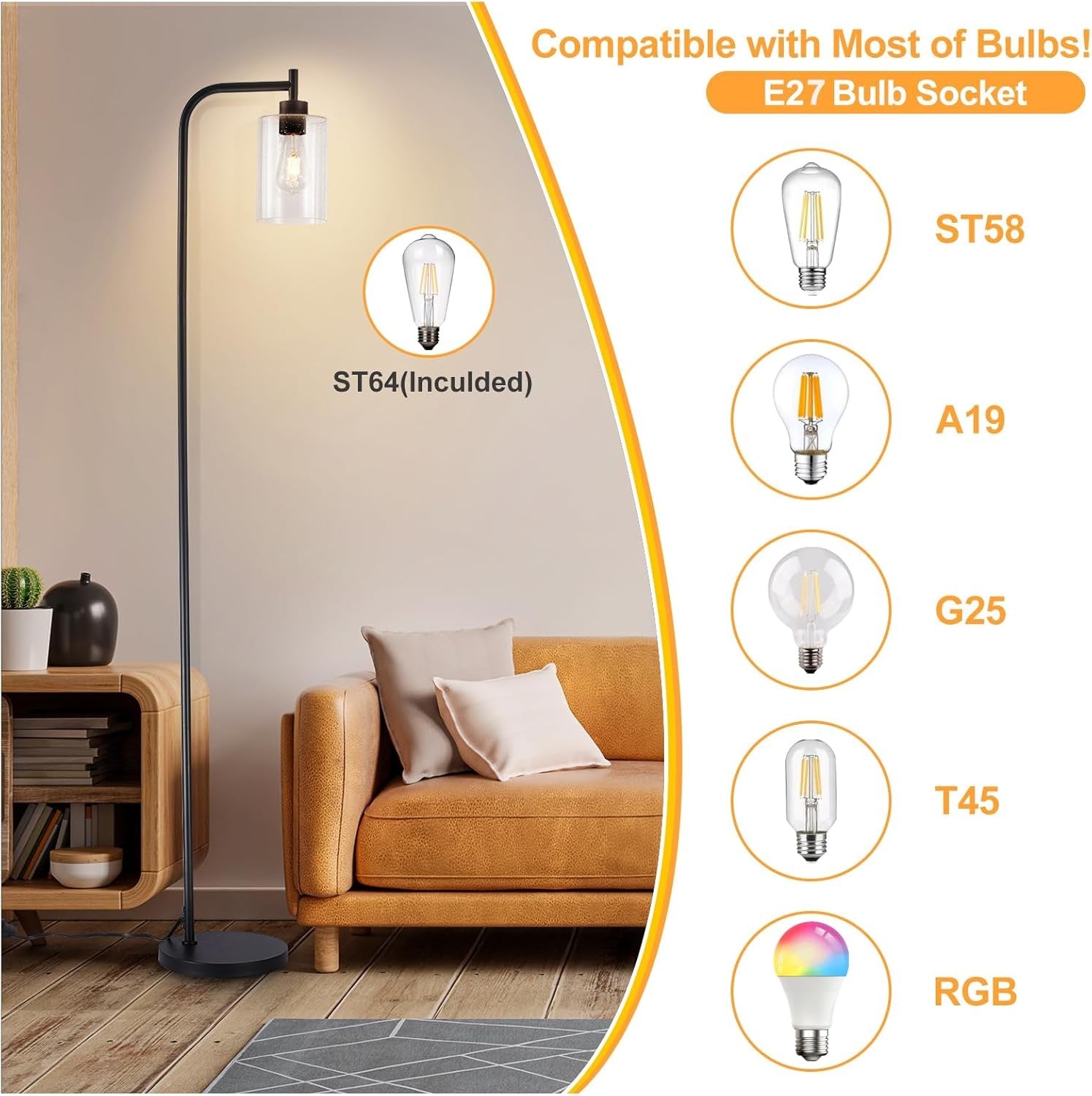 Tall Floor Lamp Industrial Black Seeded Glass E27 LED Modern Corner