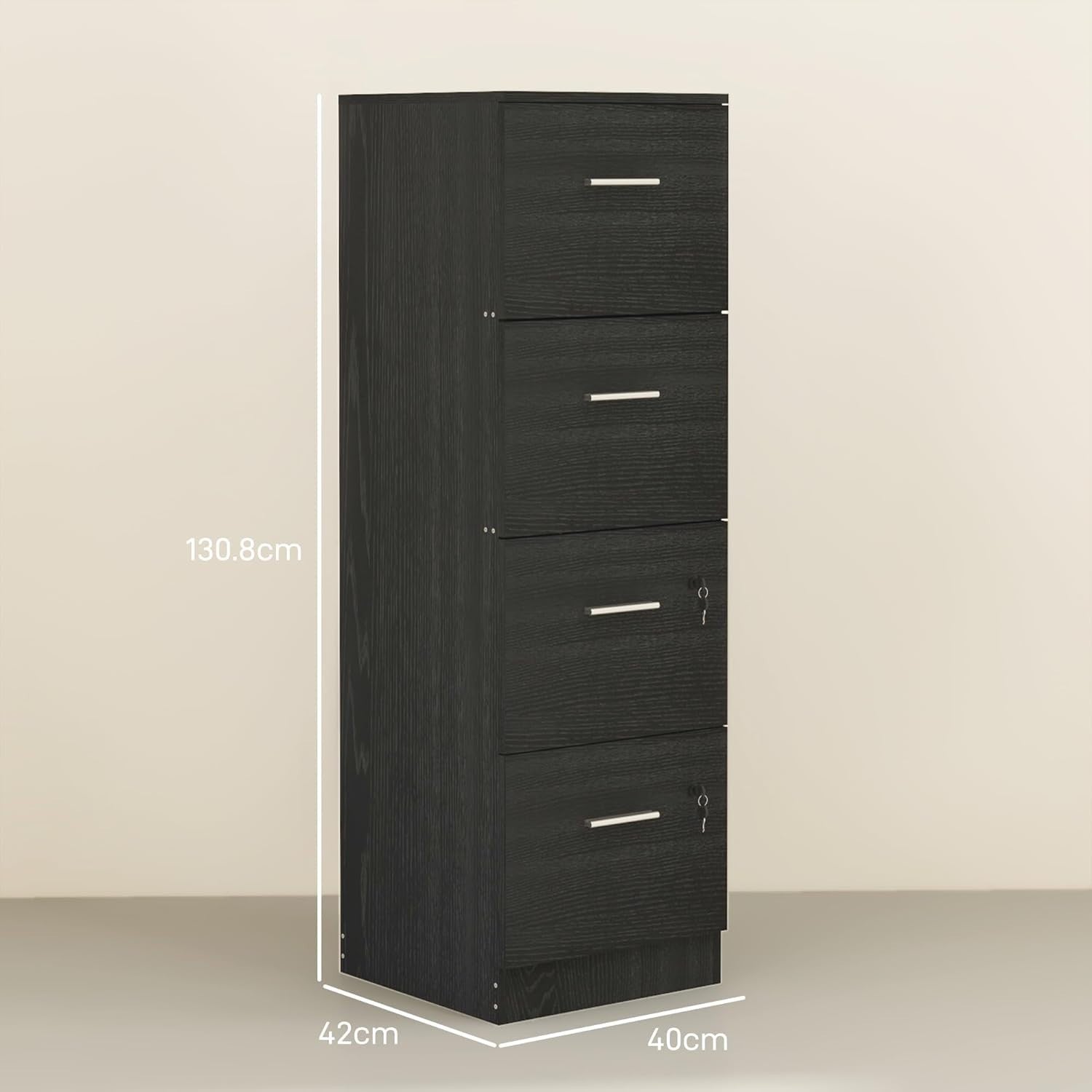 4 Drawer Vertical Filing Cabinet with Lock Office Storage Wood Effect Black