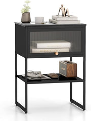 Modern Black Bedside Table with Flip-Up Door & Storage Shelf | Metal Frame