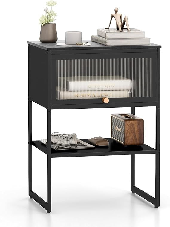Modern Black Bedside Table with Flip-Up Door & Storage Shelf | Metal Frame