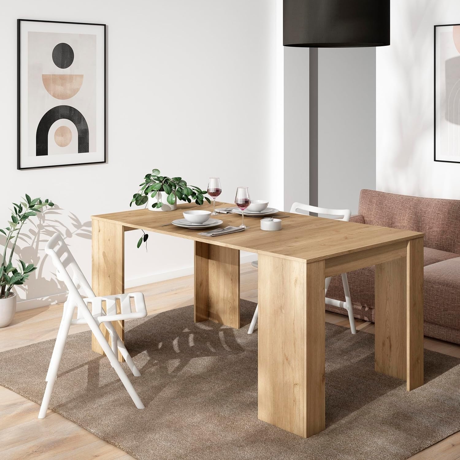Extendable Folding Console & Dining Table Oak Seats Up to 8