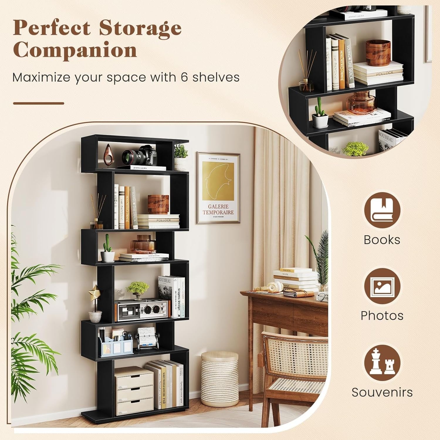 6-Tier S-Shaped Bookshelf Ladder Shelf with Anti-Tip Kits, Tall Storage Rack, Bl