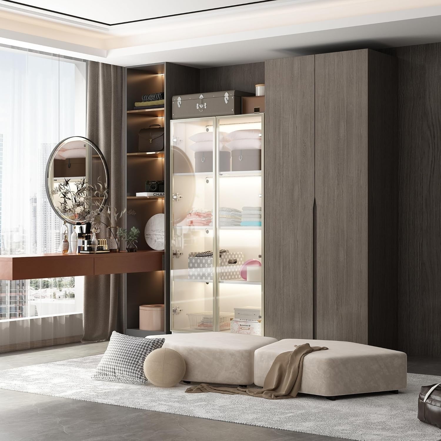 Glass Display Cabinet with LED Lights, 4 Shelves, Tall Storage Unit 160x80cm