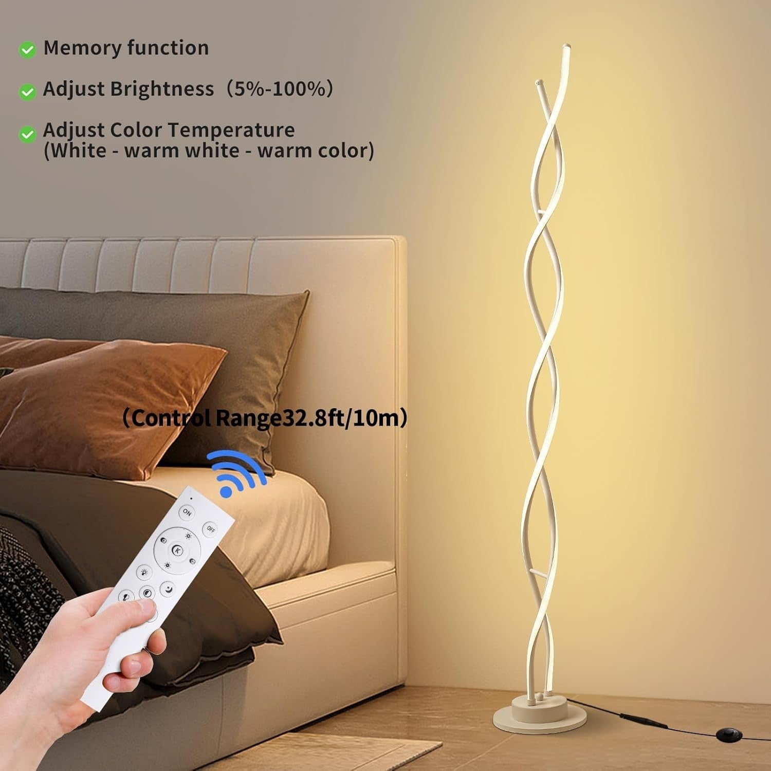 LED Floor Lamp 55” Tall, 3 Color Temps & 5 Brightness Levels, Remote Control