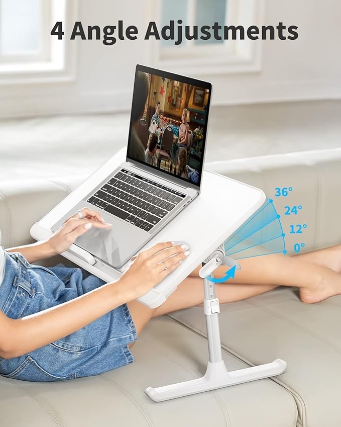 Laptop Bed Table Adjustable Height Angle Folding Desk with Drawer White