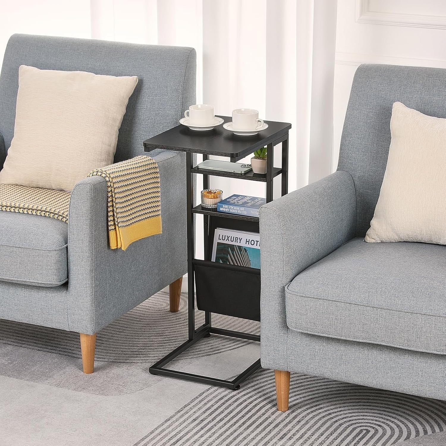 Black C-Shaped End Table 3-Tier Slim Side Table with Storage Bag for Sofa