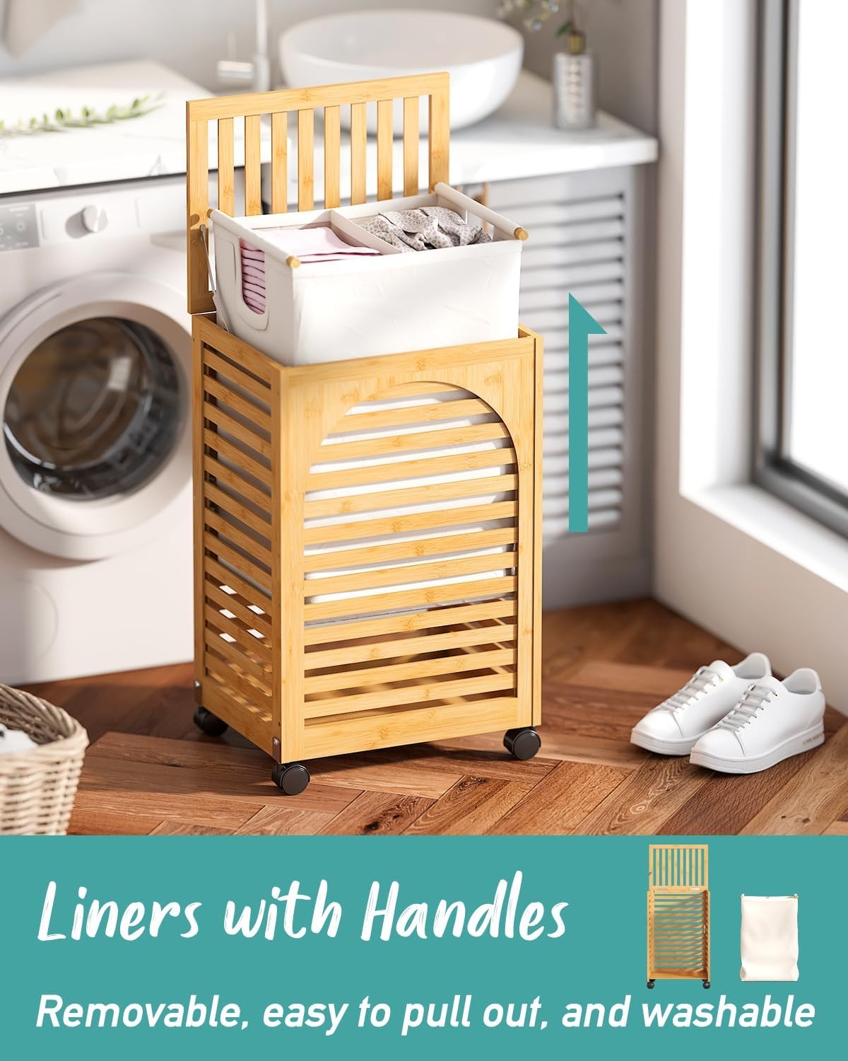 85L Natural Bamboo Laundry Hamper on Wheels 2 Section Basket with Lid & Liner