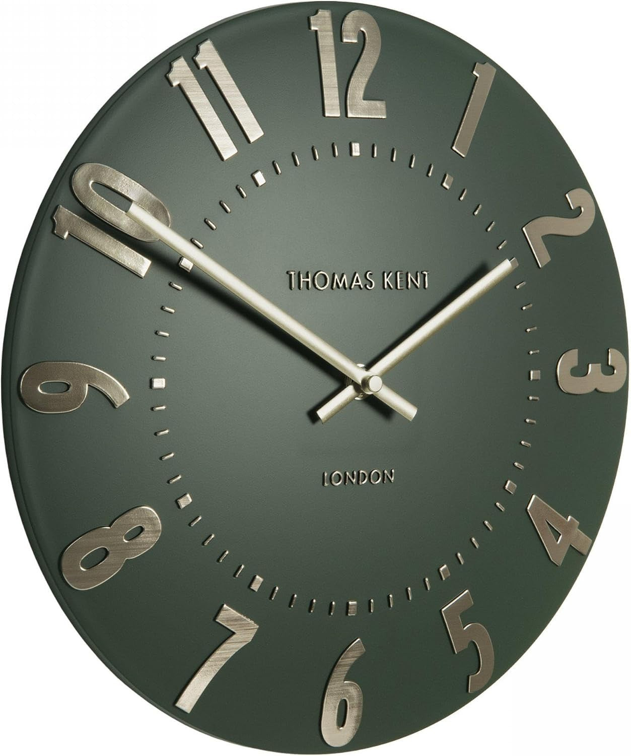 Silent Olive Green Wall Clock 12” Modern Metallic Numerals Luxury Decor