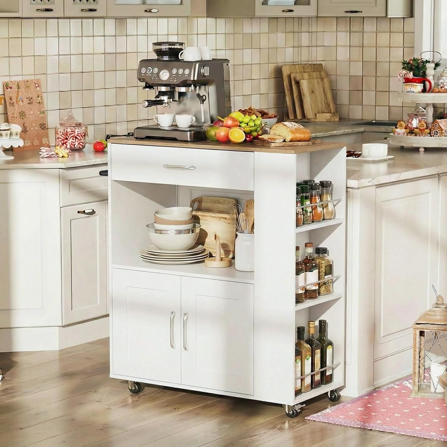 Kitchen Island Trolley with Power Outlet Cabinet White