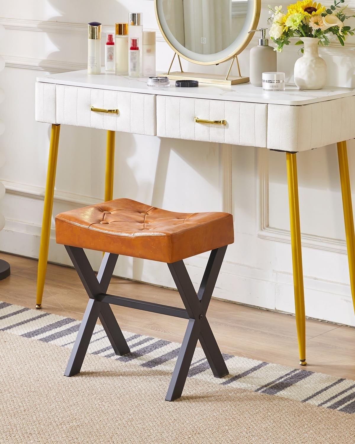 PU U-Shaped Vanity Stool with X-Leg – Square Makeup Footrest, Light Brown