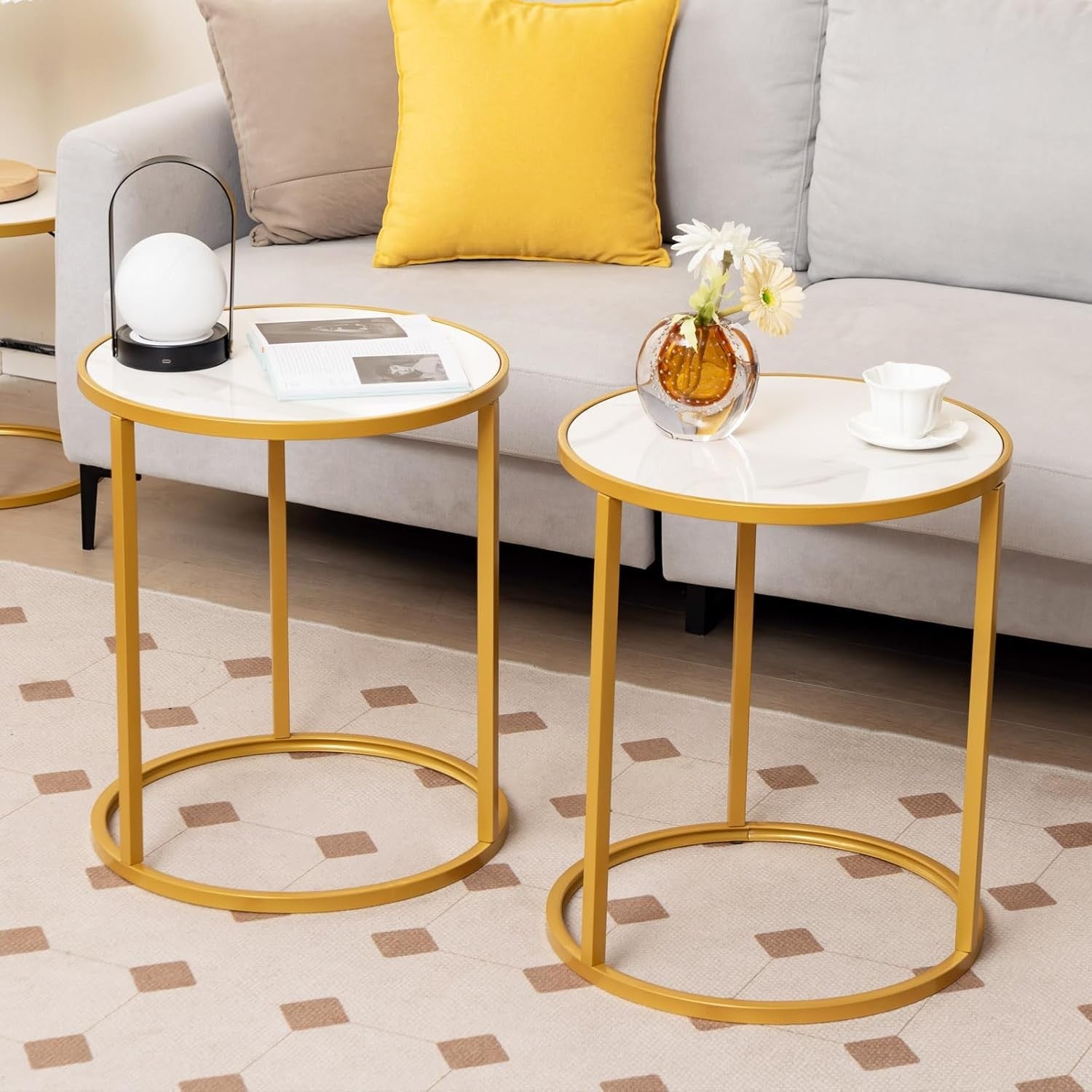 Marble Top Round Side Tables Set of 2 – Gold Metal Frame Modern End Tables