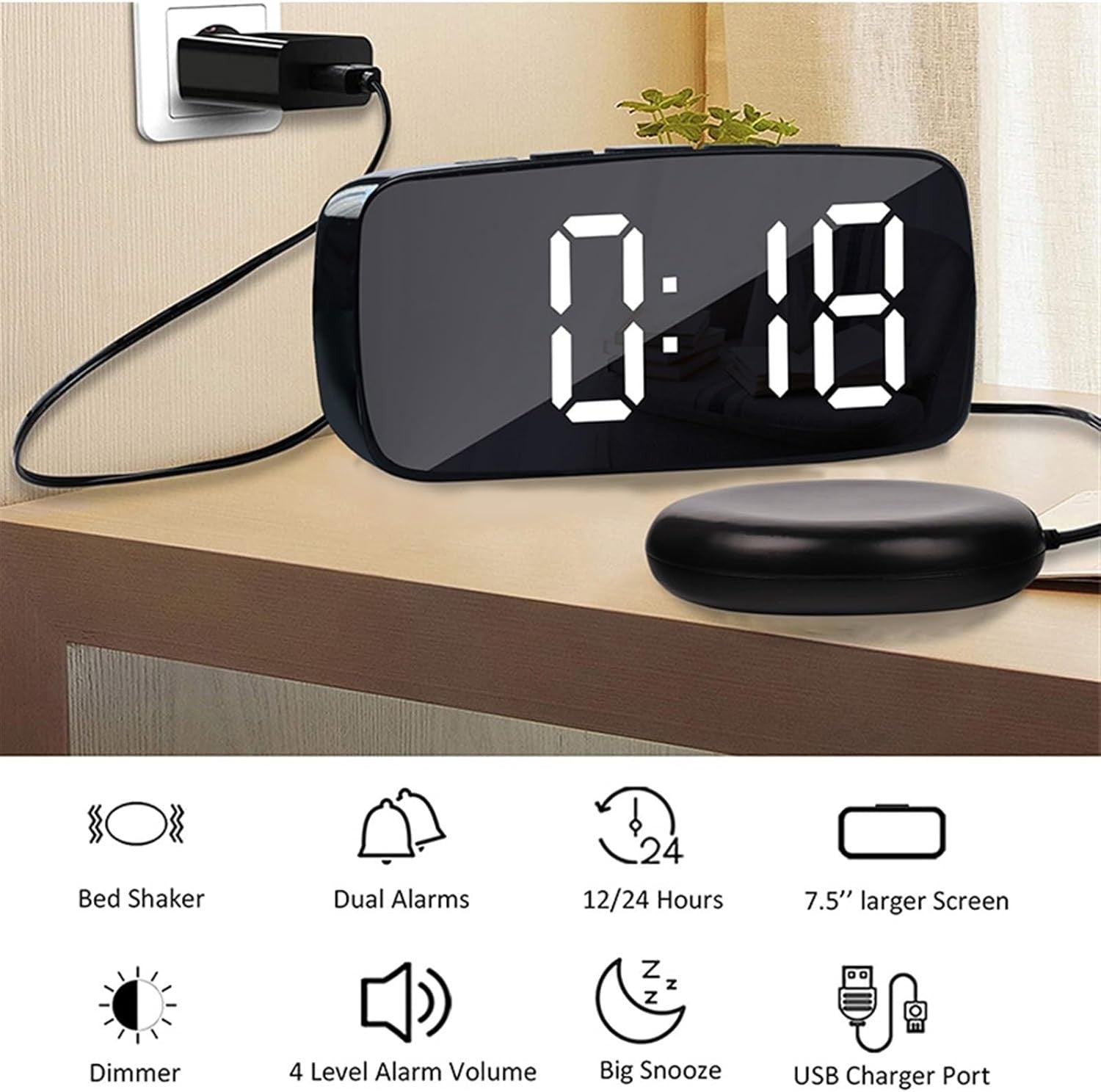 Super Loud Vibrating Alarm Clock Black Bed Shaker Heavy Sleepers USB