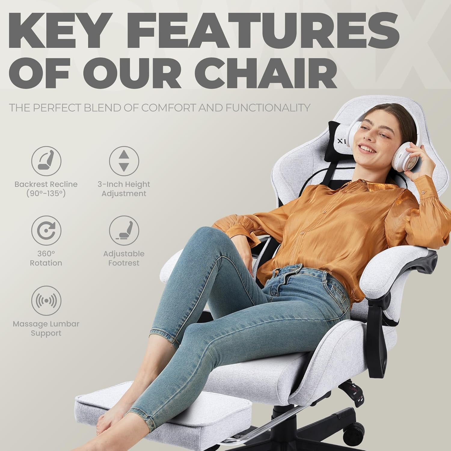 Ergonomic Gaming Chair with Footrest Massage 150kg Grey