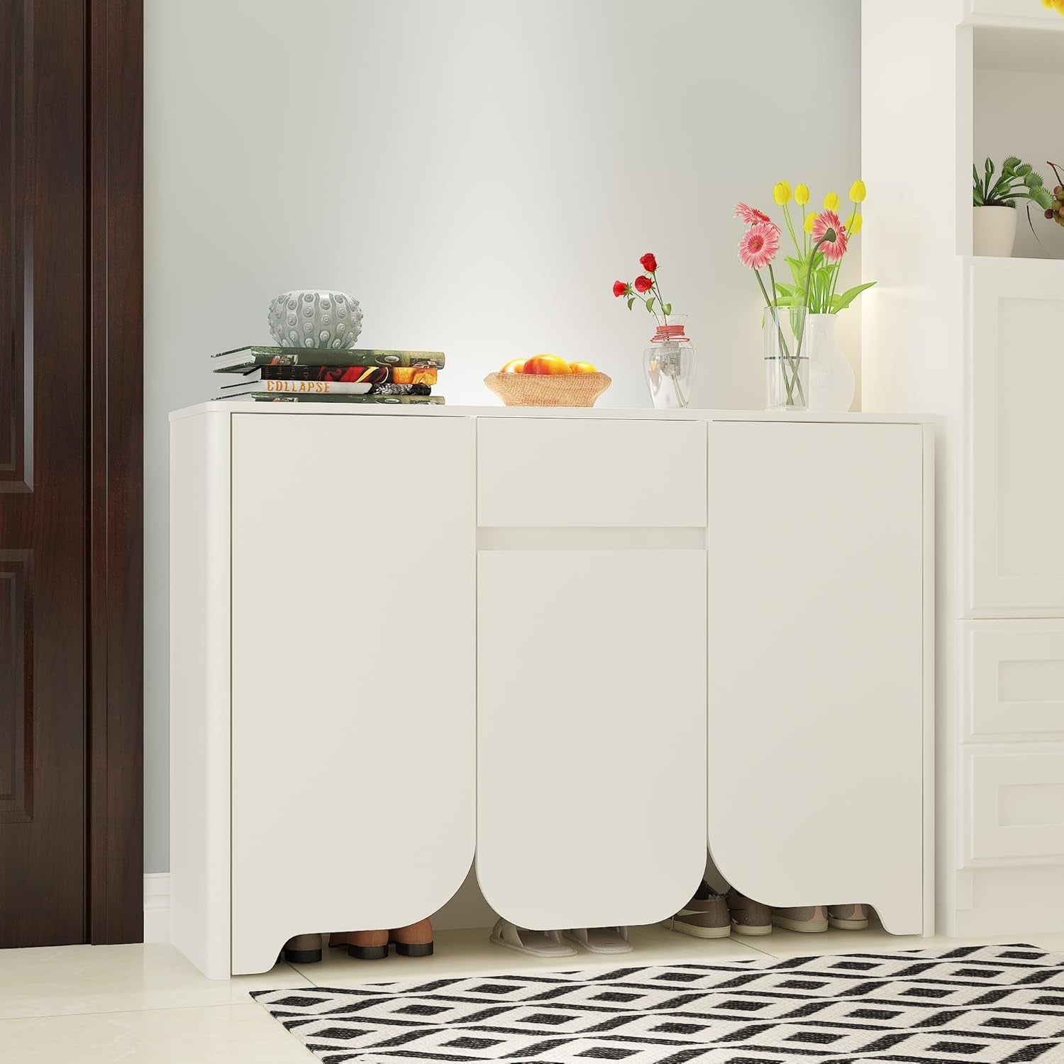 White Shoe Cabinet with 3 Curved Doors & Drawer – 4 Tier Adjustable Storage 120c