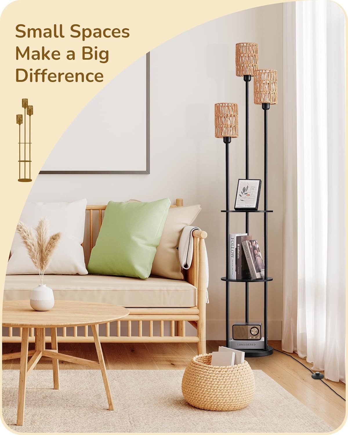 Boho Floor Lamp with Shelves 3 Light Rattan Standing Lamp 70 Inch