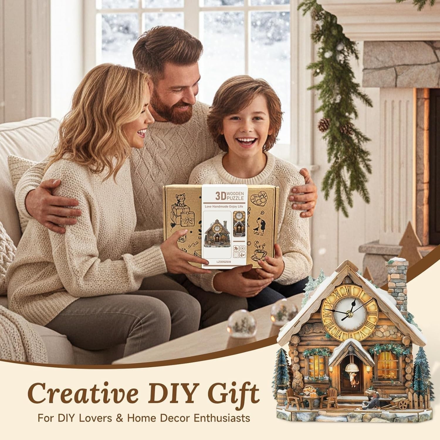 3D Wooden House Clock Puzzle DIY Functional Wall Clock Rustic Decor