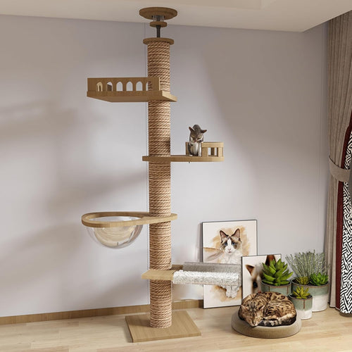 Floor to Ceiling Cat Tree Adjustable 5 Level Tower Sisal Posts Capsule Hammock