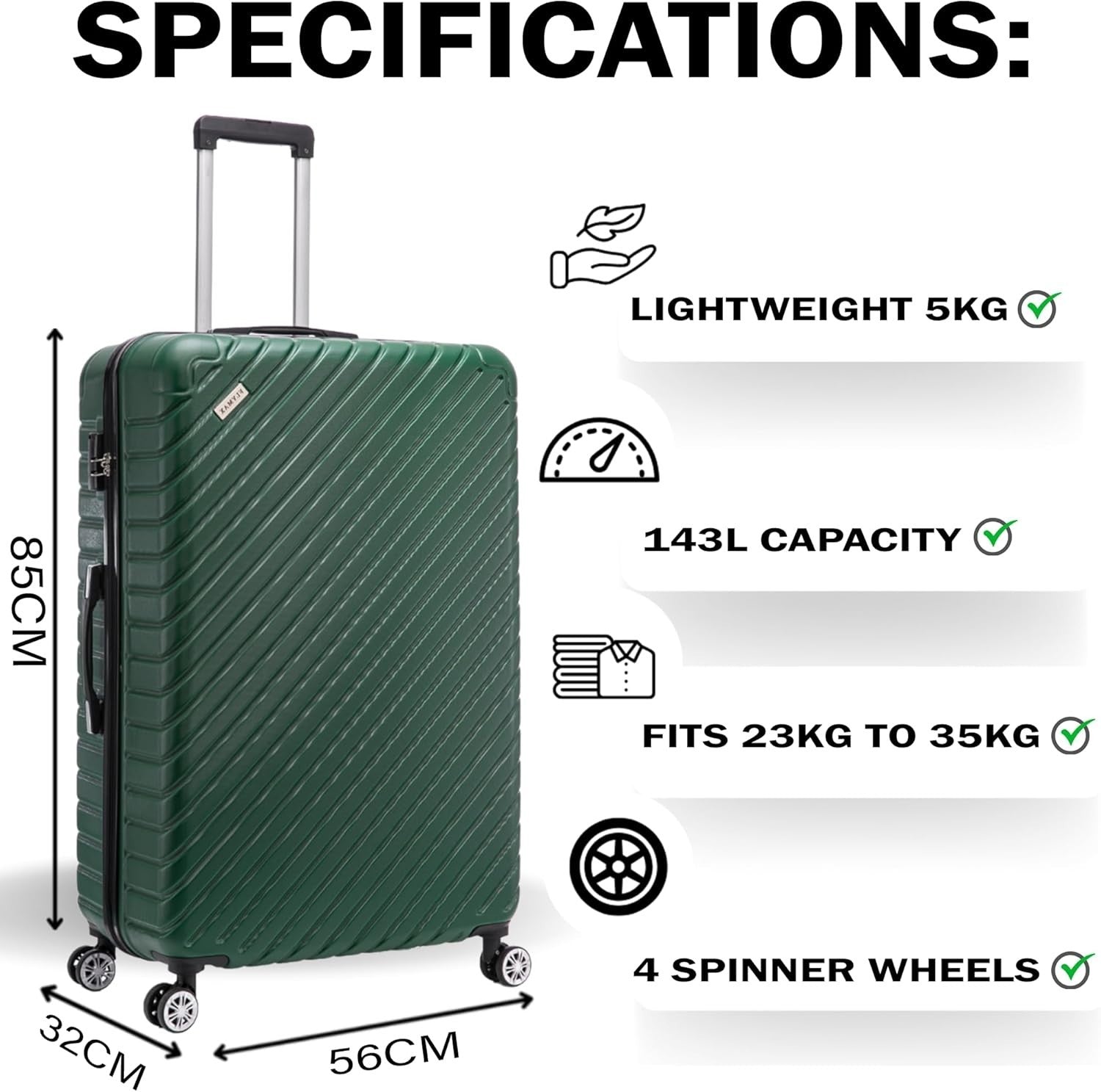32'' Extra Large Suitcase Hard Shell ABS Lightweight 4 Wheel 125L Lock