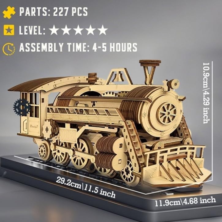 Mechanical 3D Wooden Train Puzzle Kit – DIY Locomotive Model, 227 PCS