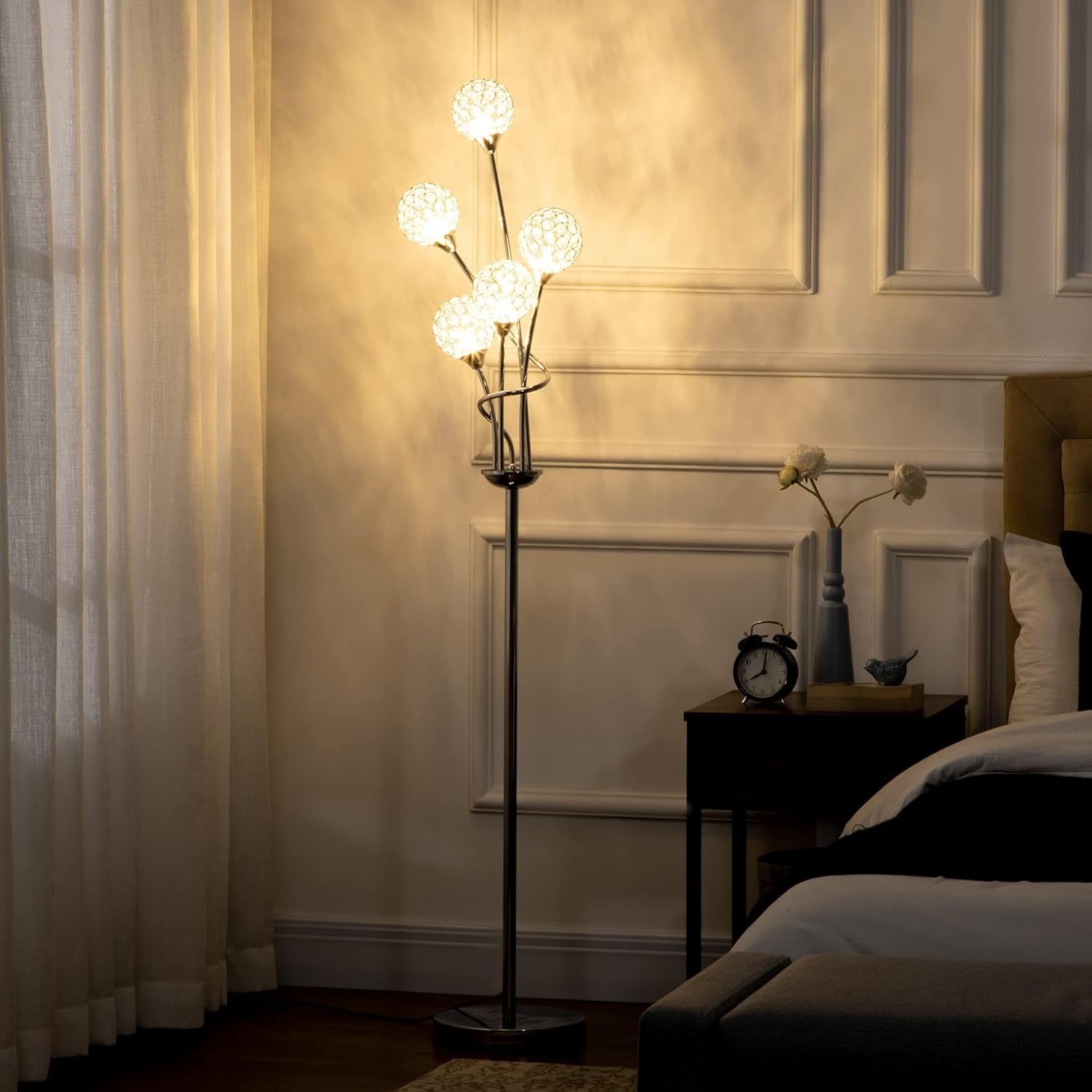 5 Light Floor Lamp Silver Standing Modern Crystal Shade Living Room Bedroom