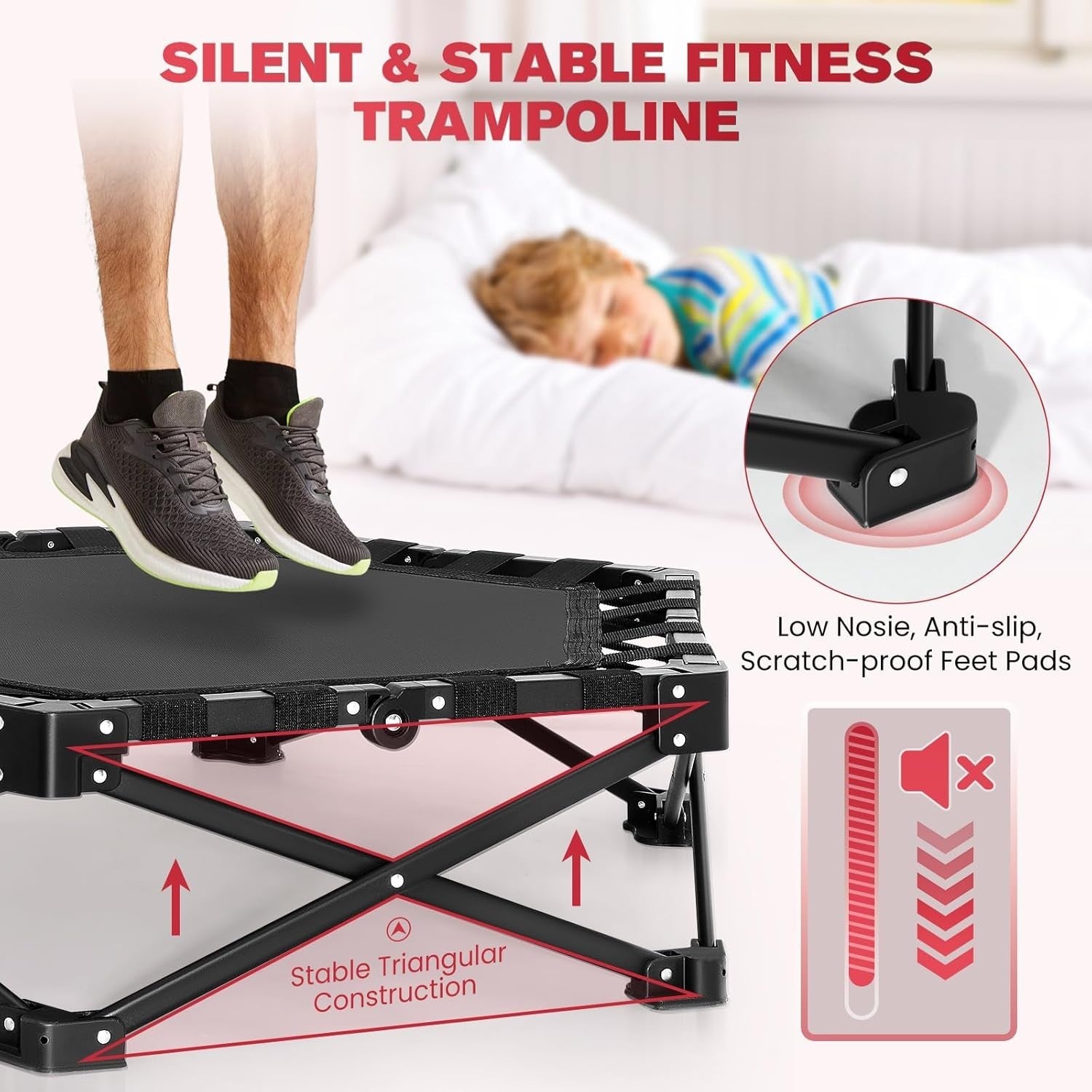 Foldable Mini Trampoline Adjustable Handle Quiet Kids Adults 150KG