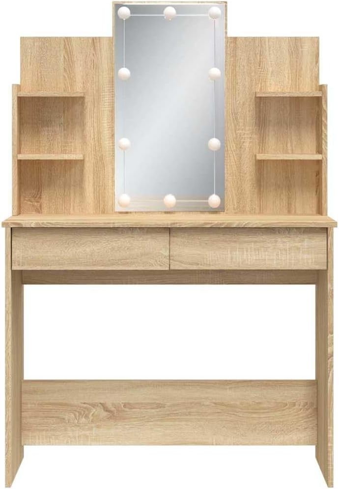 Vanity Dressing Table Desk Mirror LED Lights Sonoma Oak 2 Drawers Storage Makeup