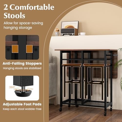 Extendable 3-Piece Dining Table Set with Stools & Wine Rack Walnut Black