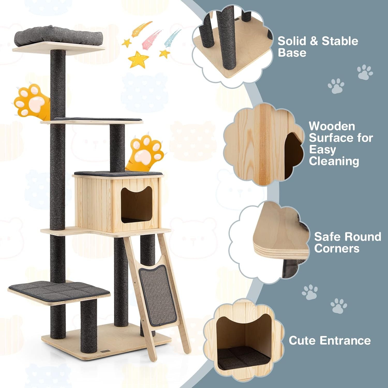 Modern Cat Tree Tower 175cm Multi Level Scratcher Condo with Washable Cushions