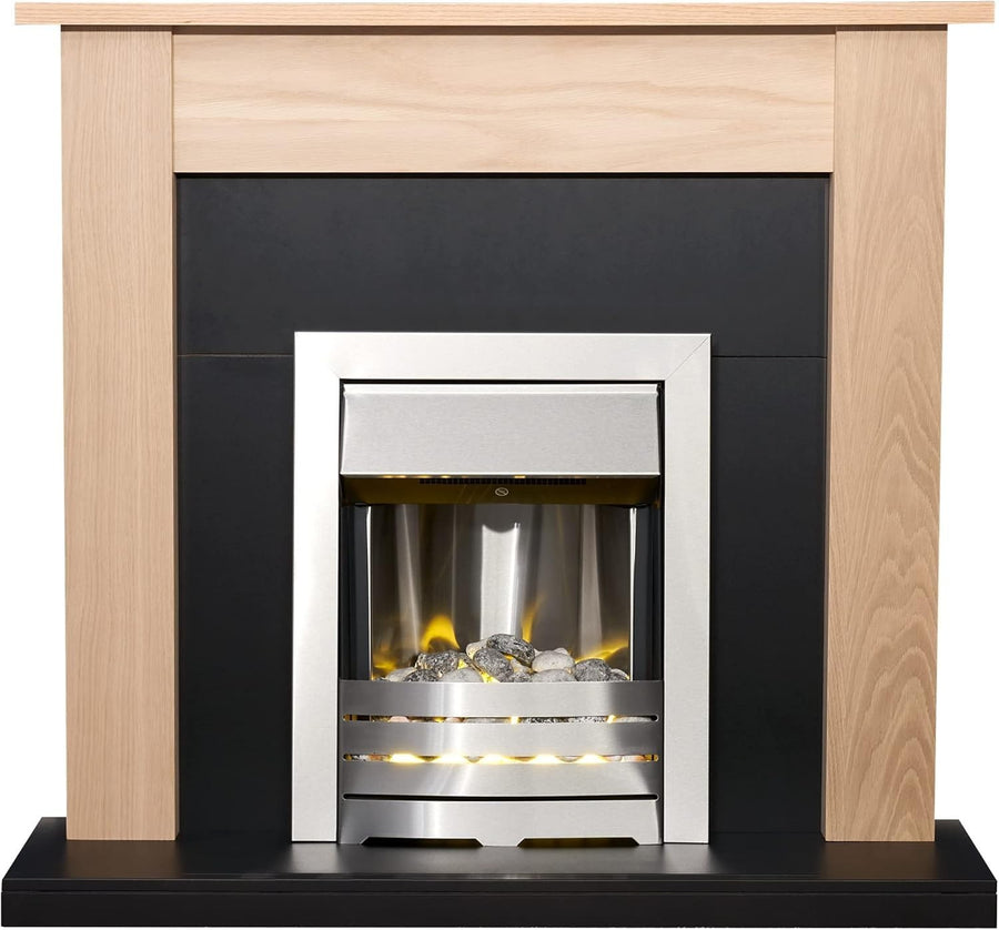 Electric Fireplace Suite Oak & Black 43" Brushed Steel 2kW Wall Fire