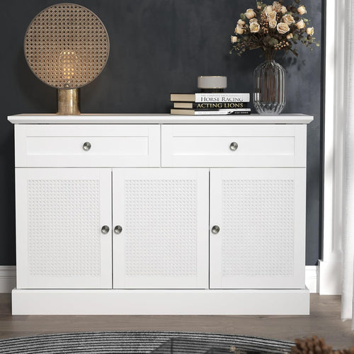 White Rattan Sideboard Cabinet 3 Door 2 Drawer Storage Unit Kitchen