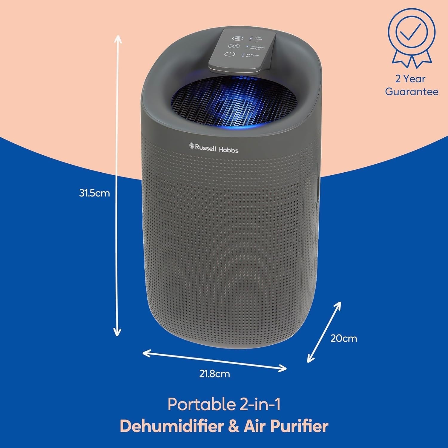 2-in-1 Dehumidifier Air Purifier 750ml Day Ozone Free 20m² Grey