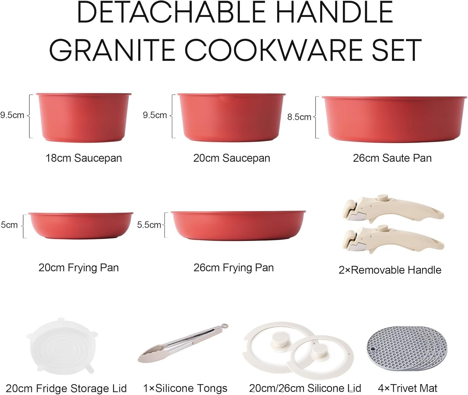 5Pcs Red Pots Pans Set with Glass Lids & Detachable Handle Induction Safe
