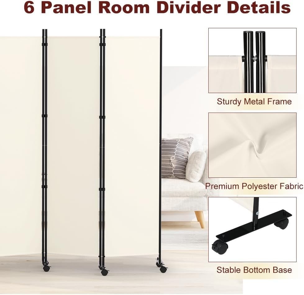 6 Panel Room Divider Folding Privacy Screen with Lockable Wheels – Large Beige P