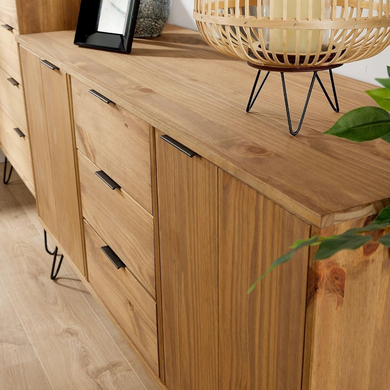 Industrial Sideboard Cabinet Pine 3 Drawers 2 Doors Metal Legs Storage