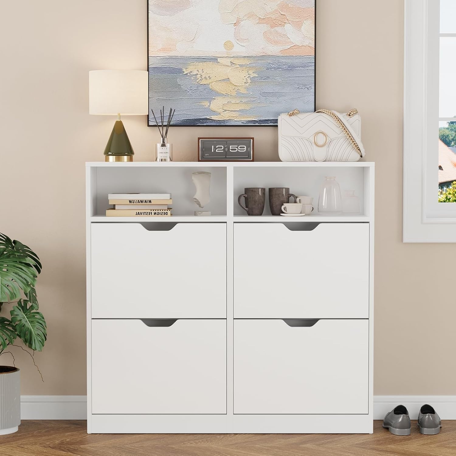 Modern White Shoe Storage Cabinet – 4 Flip Drawers, Adjustable Shelves