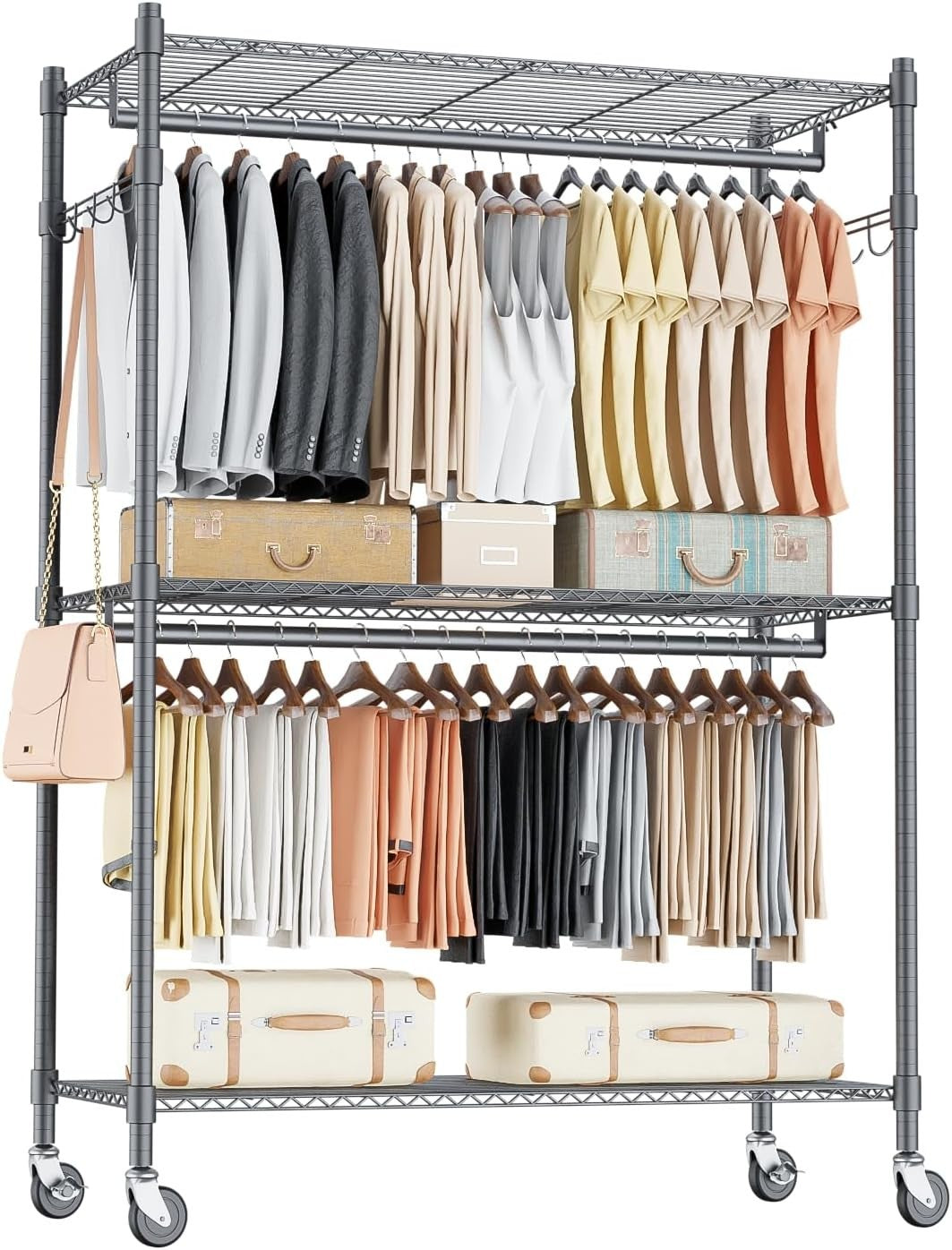Heavy Duty Double Rod Clothes Rail 3-Tier with Wheels – Grey 205cm