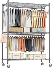 Heavy Duty Double Rod Clothes Rail 3-Tier with Wheels – Grey 205cm
