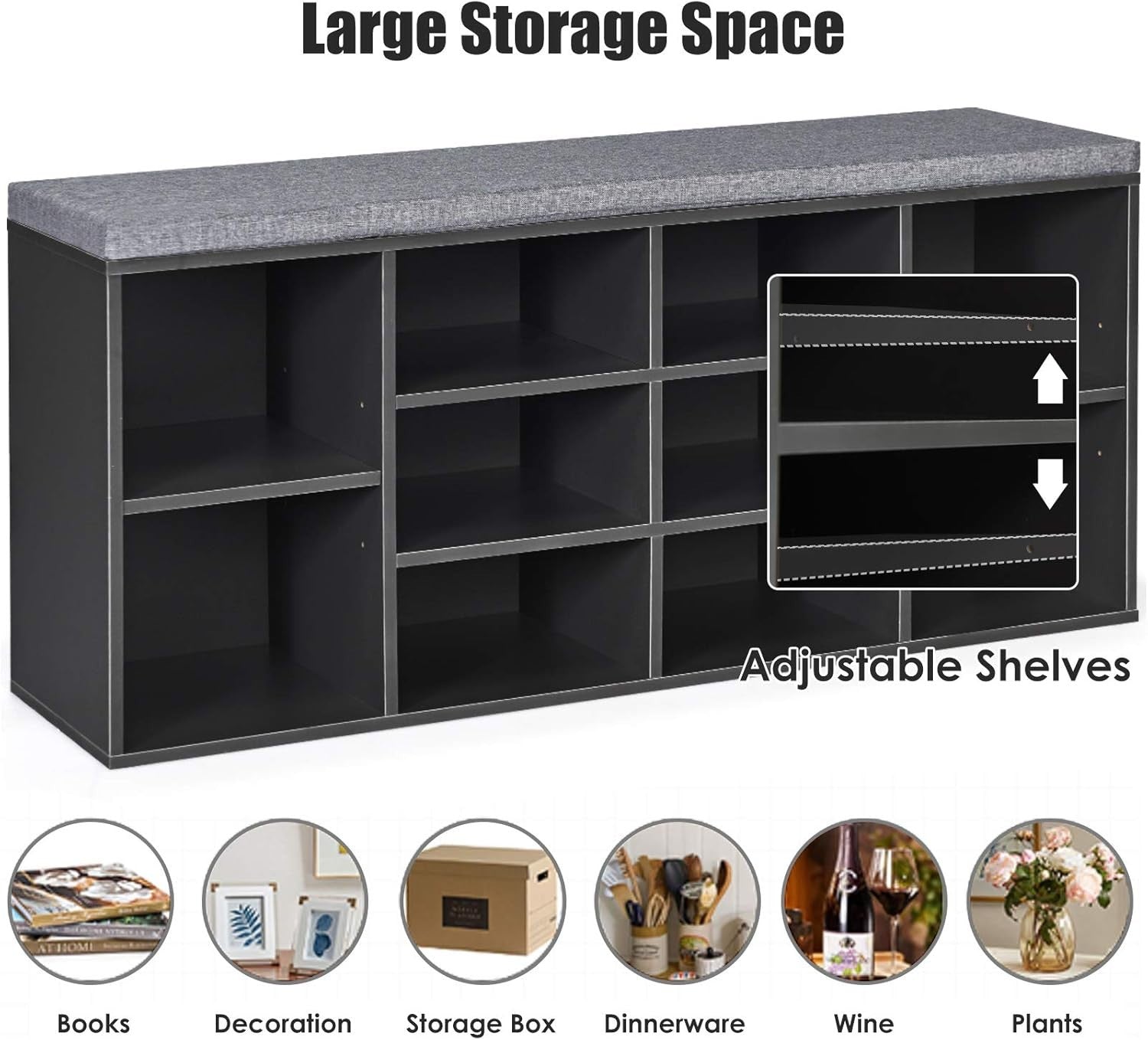 Modern Shoe Storage Bench with Cushion & Adjustable Shelves 104x30x48cm