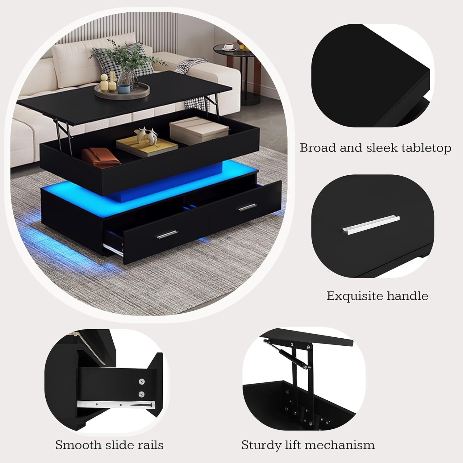 Modern LED Lift Top Coffee Table with Storage & Drawers, Adjustable Height