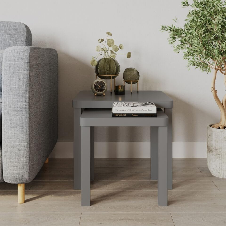 Space Saving Grey Nesting Side Coffee Tables Set 2 Square Wood End Table