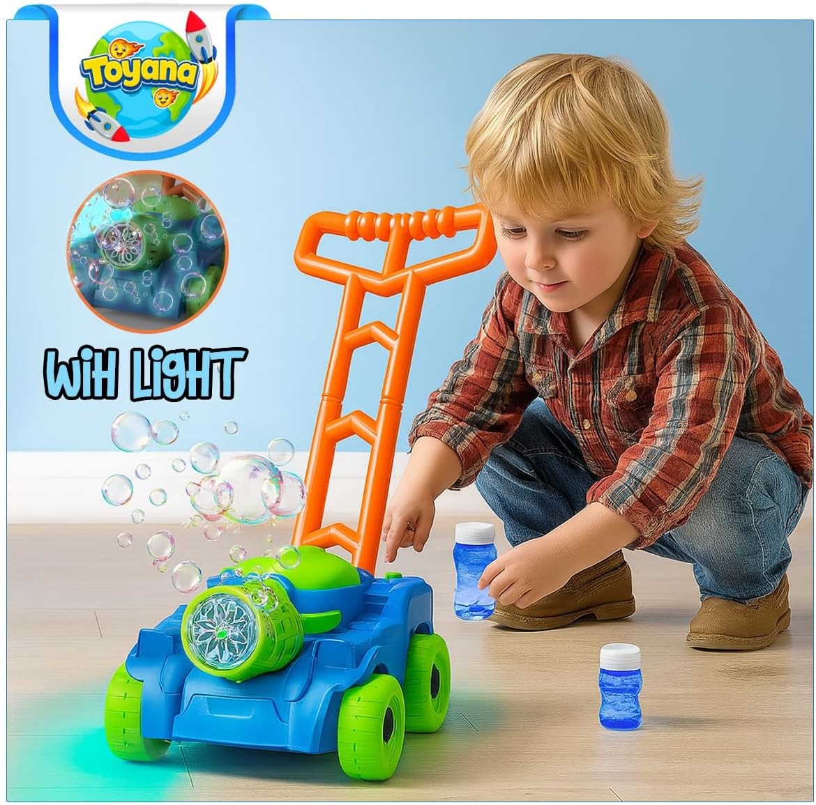 Kids Bubble Lawn Mower Toy with Lights & 2 Bubble Solutions
