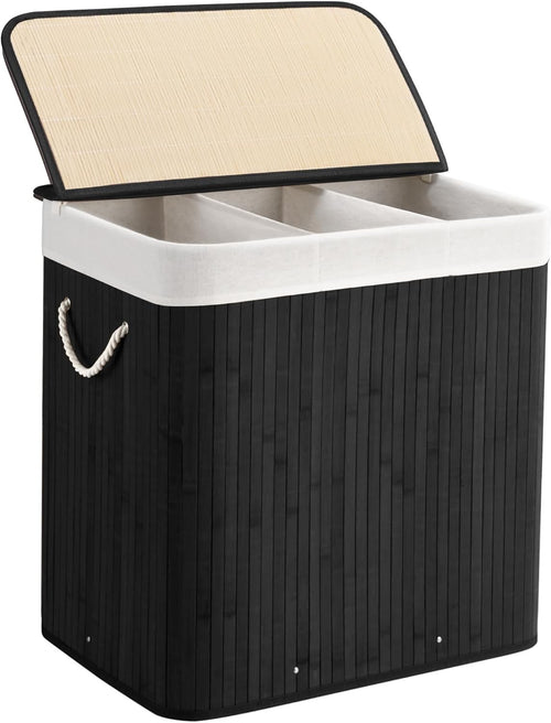 150L Bamboo Laundry Hamper with Lid 3-Section Foldable Clothes Basket Black