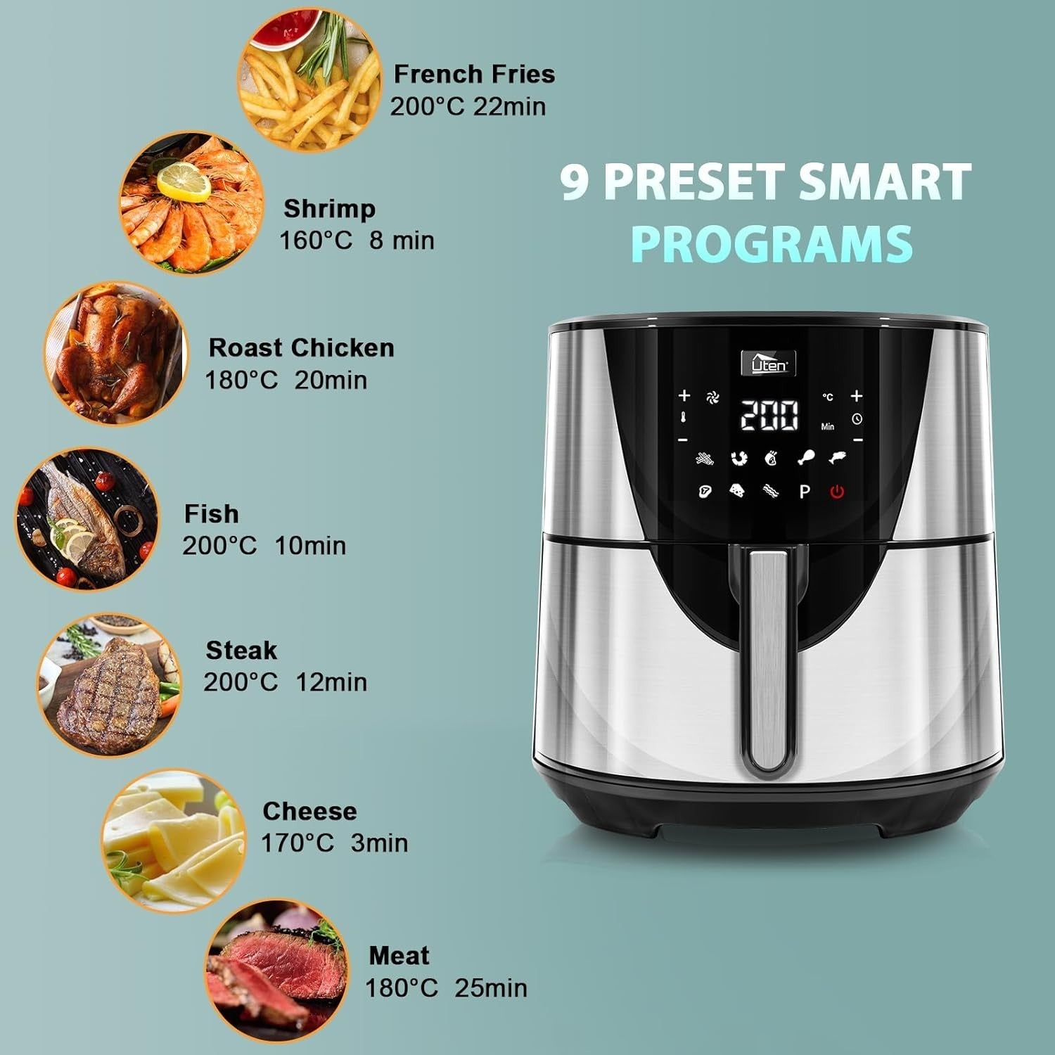 Air Fryer 7.5L 1700W Preheat Digital Touch 8 Presets Oil-Free Healthy Cooking