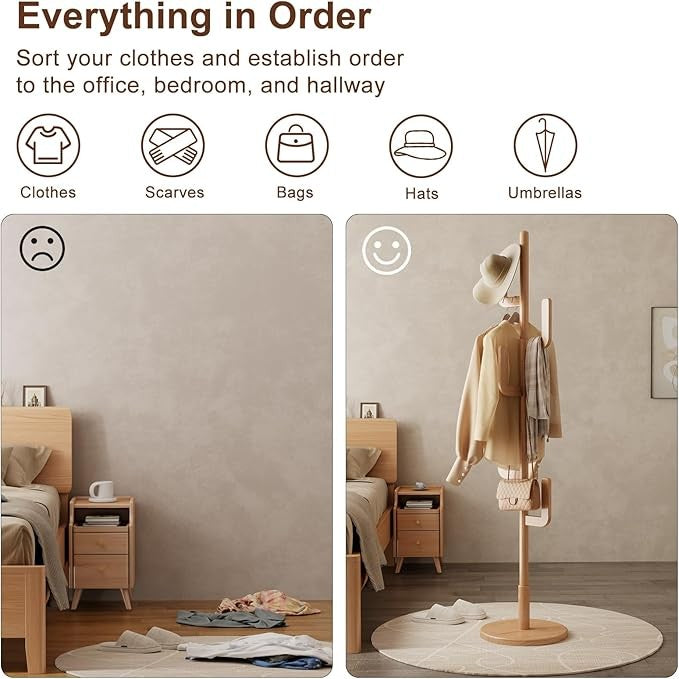 Wooden Coat Rack Stand | Cactus Design Hall Tree with 6 Hooks for Coats & Hats