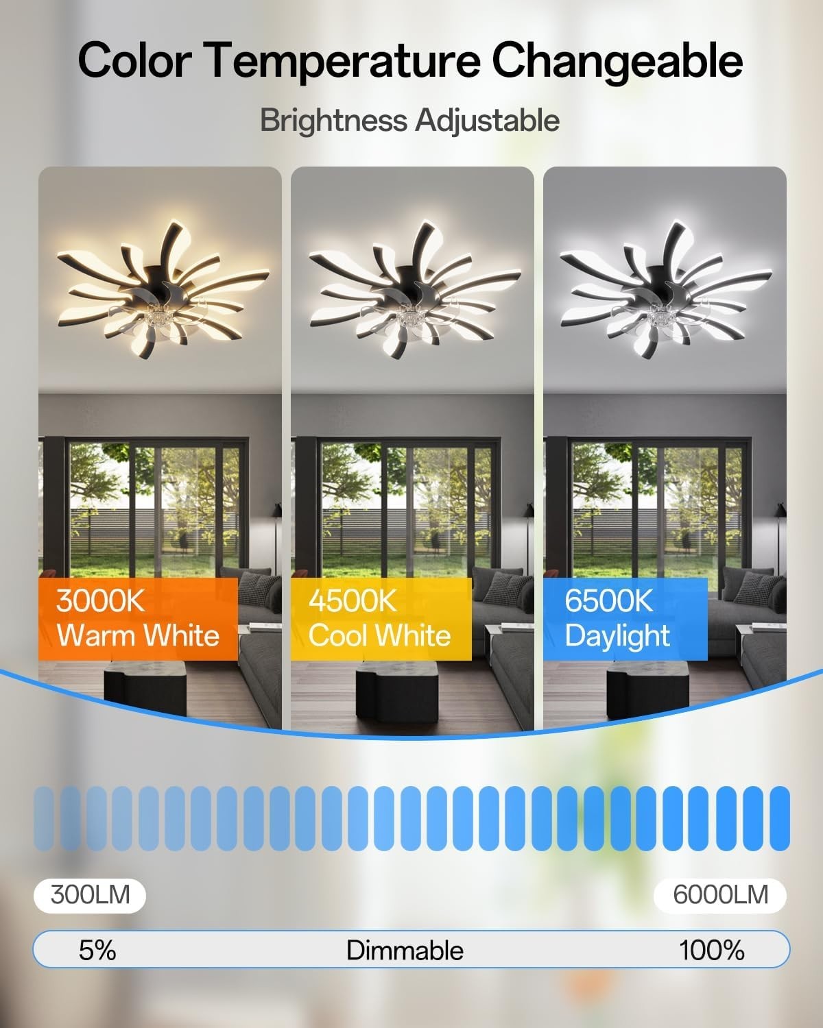 30.7" Ceiling Fan with Lights, 6 Speeds, Dimmable, Remote & LED