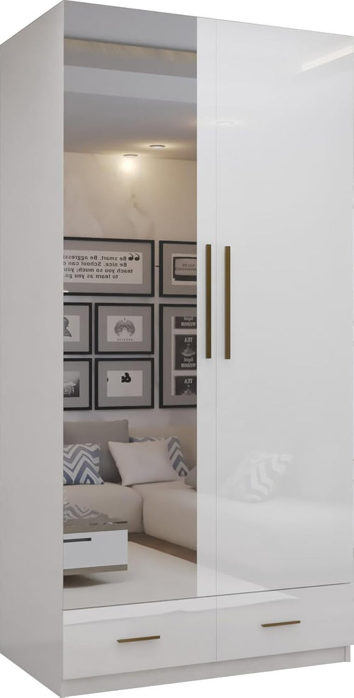 2 Door High Gloss Wardrobe Mirror Drawers Shelves Gold Handles White