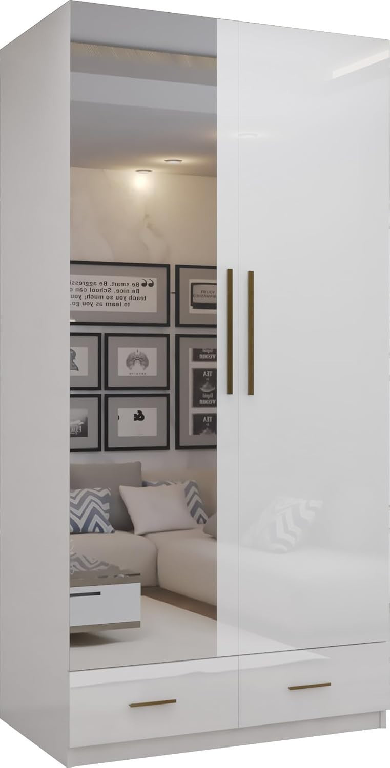 2 Door High Gloss Wardrobe Mirror Drawers Shelves Gold Handles White