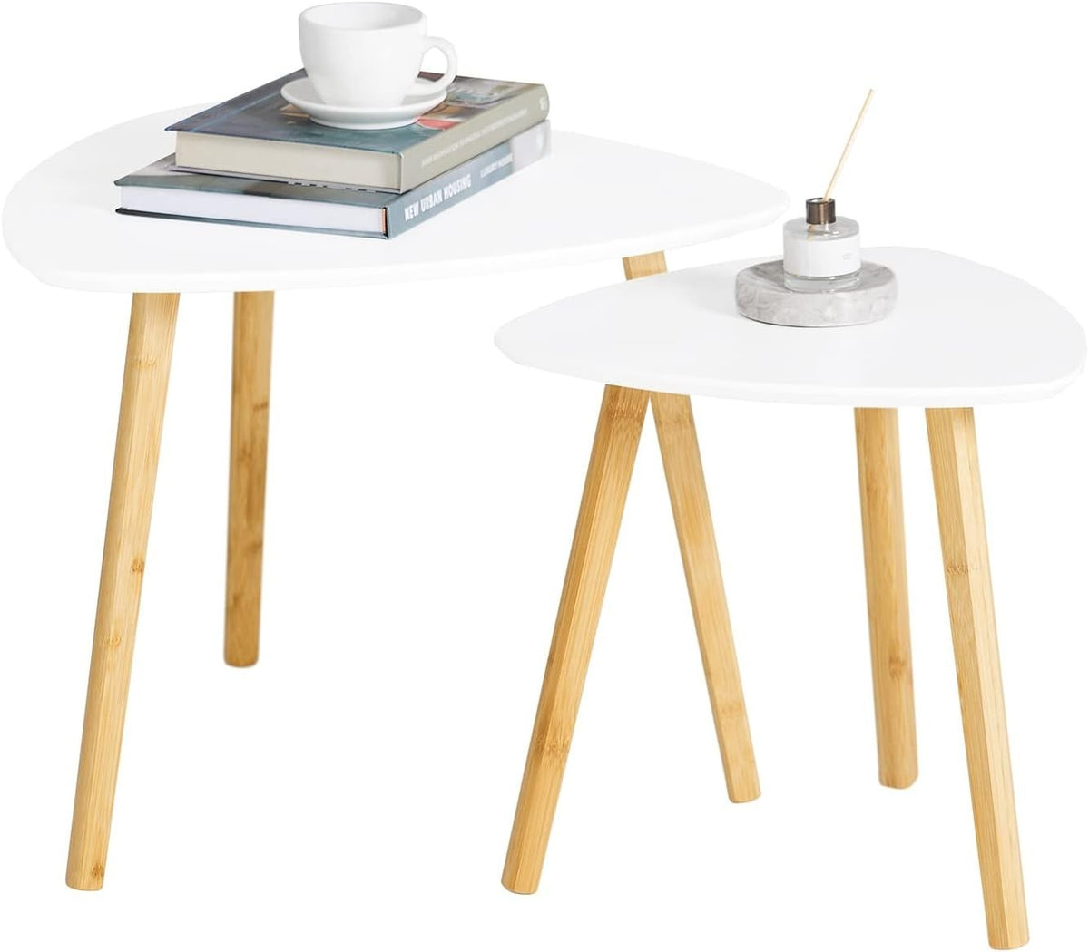 2X Modern White Nesting Coffee Table Set Bamboo Wood Side End Living Room