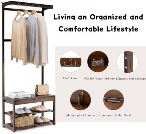 3-in-1 Bamboo Coat Rack Stand with Shoe Storage & Hooks for Entryway